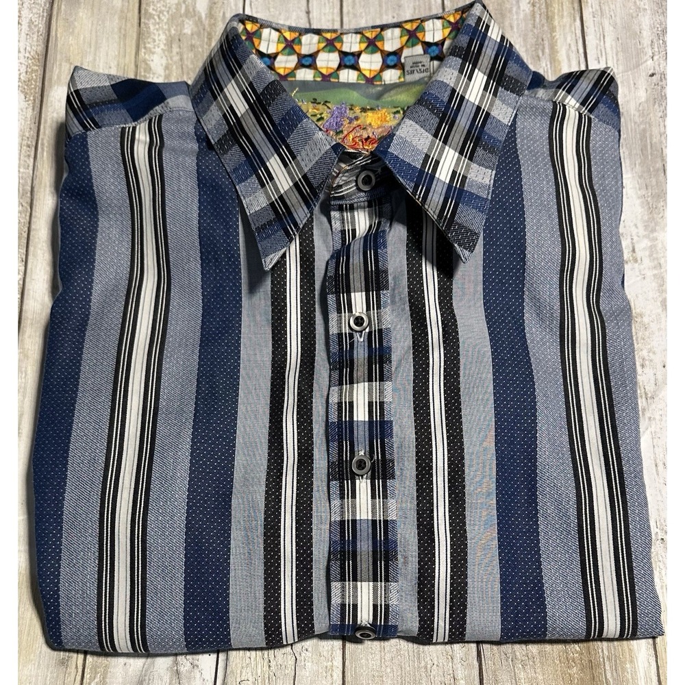 ROBERT GRAHAM BUTTON‎ SHIRT -XXL  BLUE WHITE NAVY JACQUARD EMBROIDERED FLIP CUFF